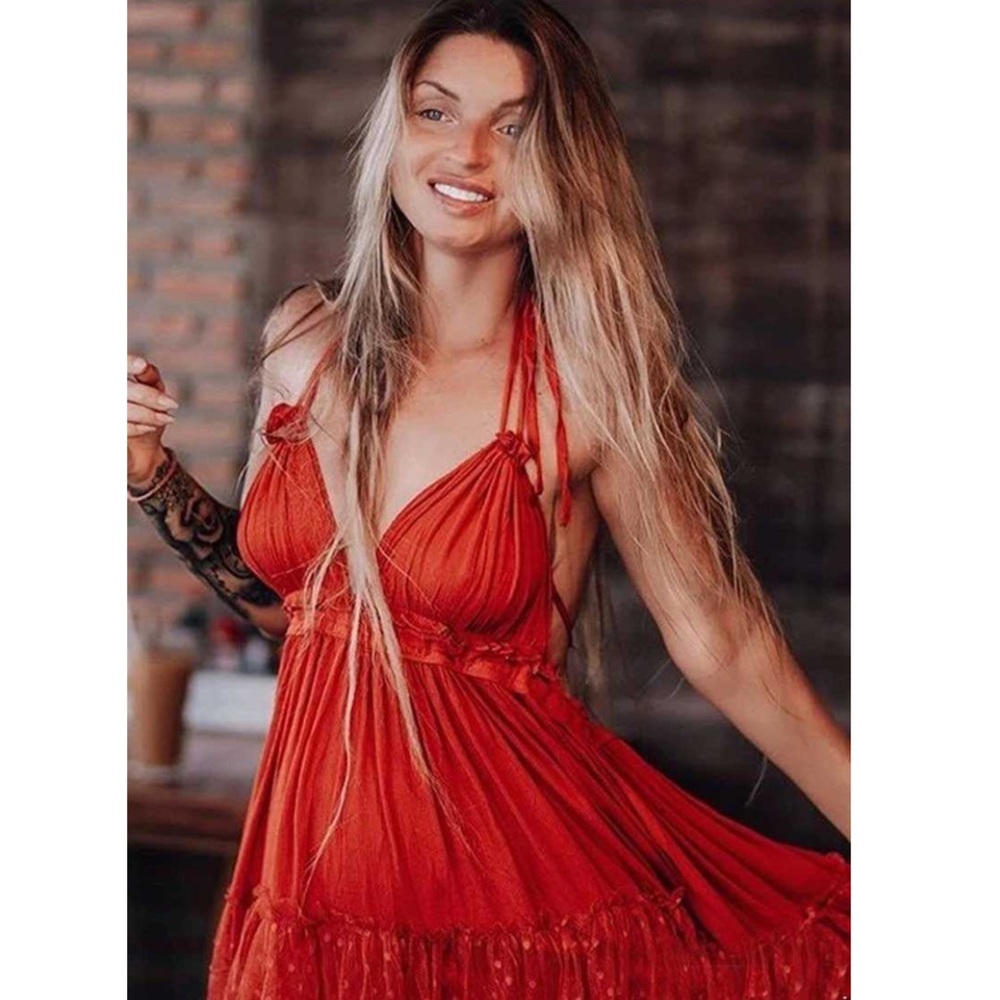 SOLD OUT Red Swiss Dot Ruffle Mesh Halter Mini Dress - Picture 1 of 6